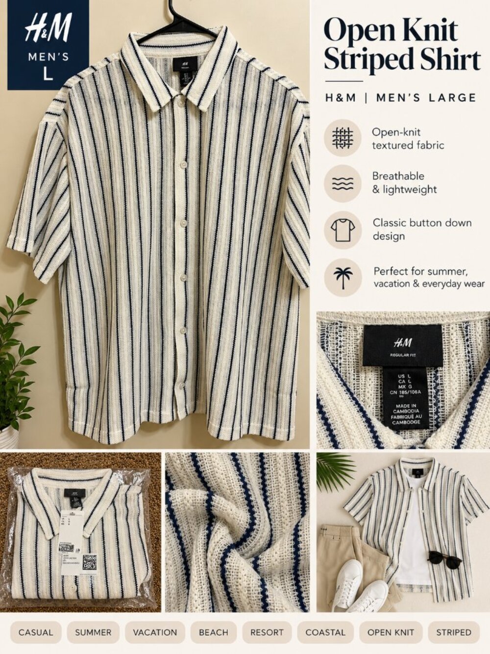 NWT H&M Men’s L Open Knit Striped Button Down Shirt White Navy
